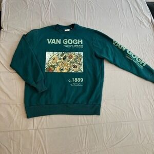 Mighty Fine‎ Sweatshirt Mens Small Teal Graphic Print Van Gogh Sunflowers Casual